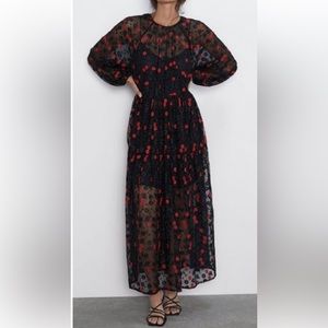 Zara Black/Red Embroidered Floral Oversized Dress Medium